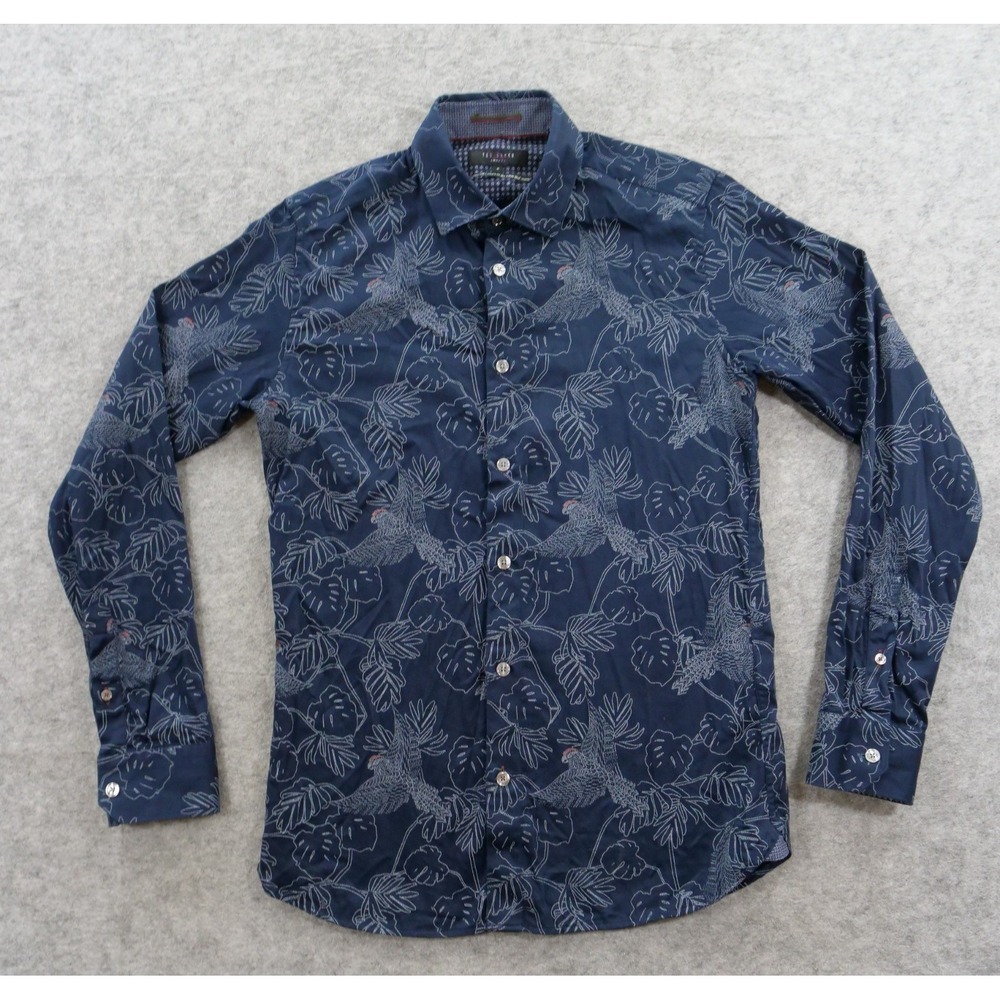 Ted Baker Shirt Mens Small Blue Floral Bird Print Button Up Casual
